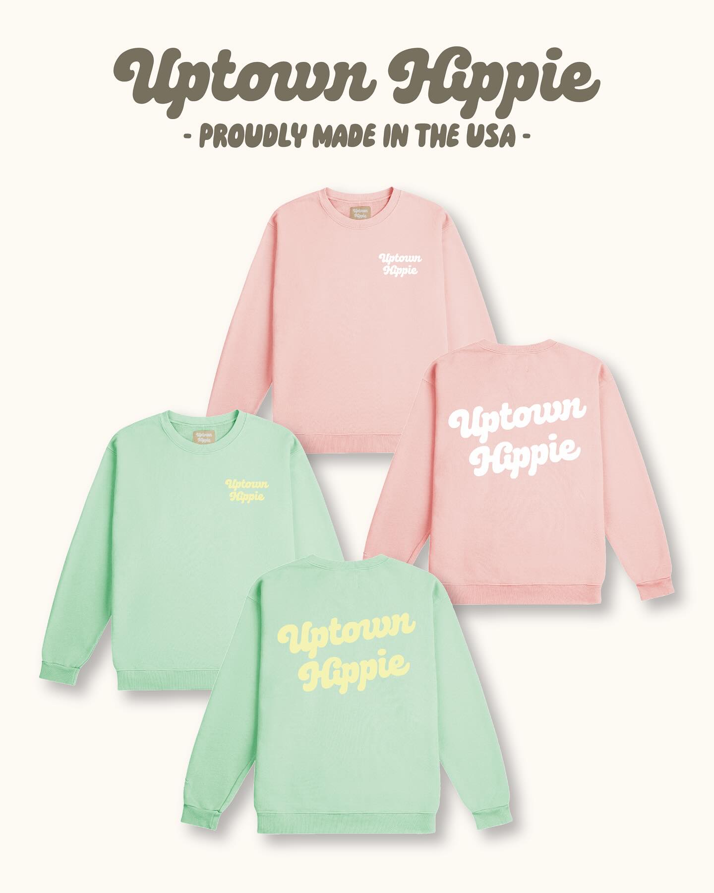 Instagram post with the caption: Introducing our classic Uptown Hippie crewneck in Breeze and Blo...